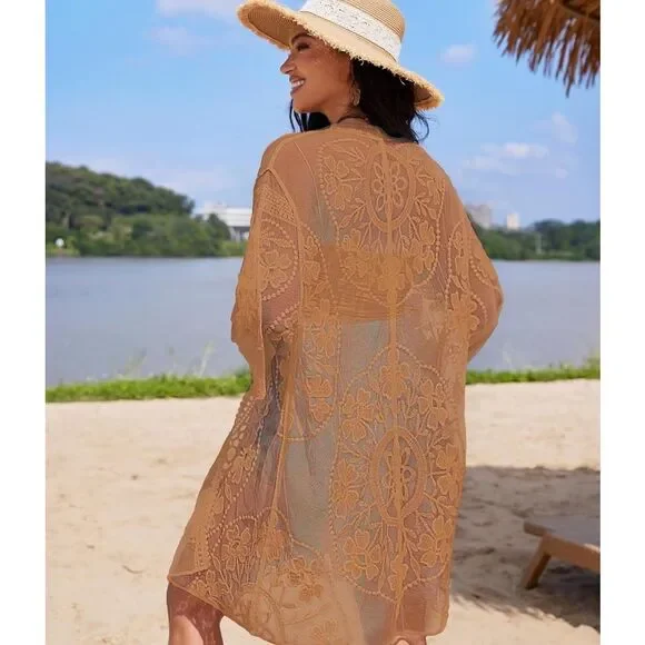 NWT Bsubseach Kimono Cover up Duster tan/light brown One Size fits Medium to XL - Picture 3 of 10